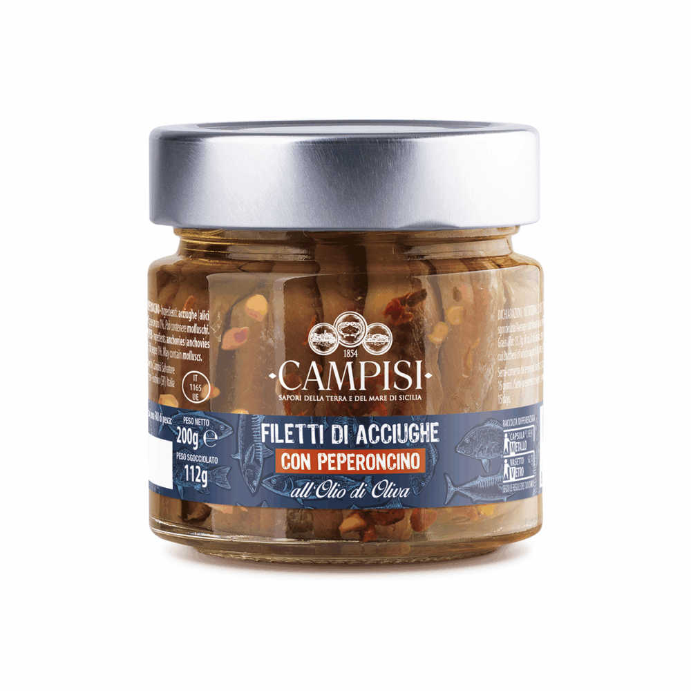 Filetti di acciughe in olio d'oliva con peperoncino 200g.