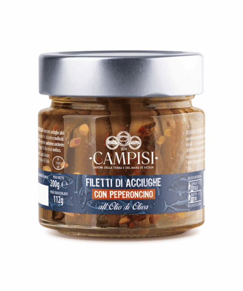 Filetti di acciughe in olio d'oliva con peperoncino 200g.