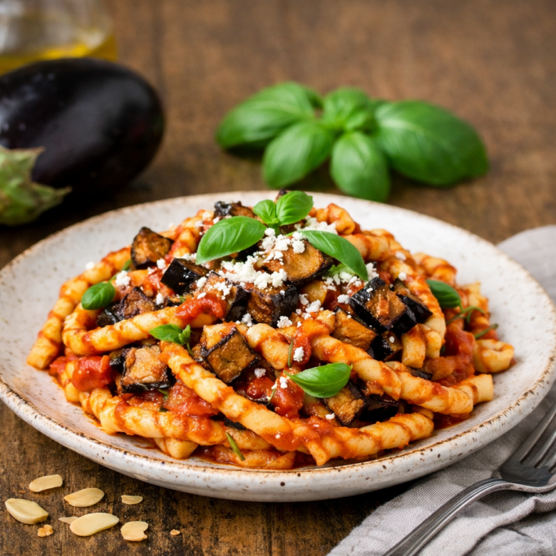 Busiate alla Pachinese con Melanzane e Salsa di Pomodoro di Pachino I.G.P.