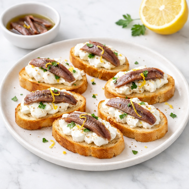Crostini Mediterranei con Filetti di Acciughe Campisi, Burrata e Limone