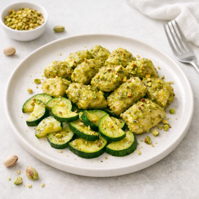 Bocconcini di Pollo al Pesto di Pistacchio con zucchine saltate