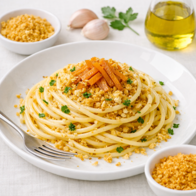 Spaghetti con Bottarga, Aglio Dolce e Pangrattato Croccante alle Erbe